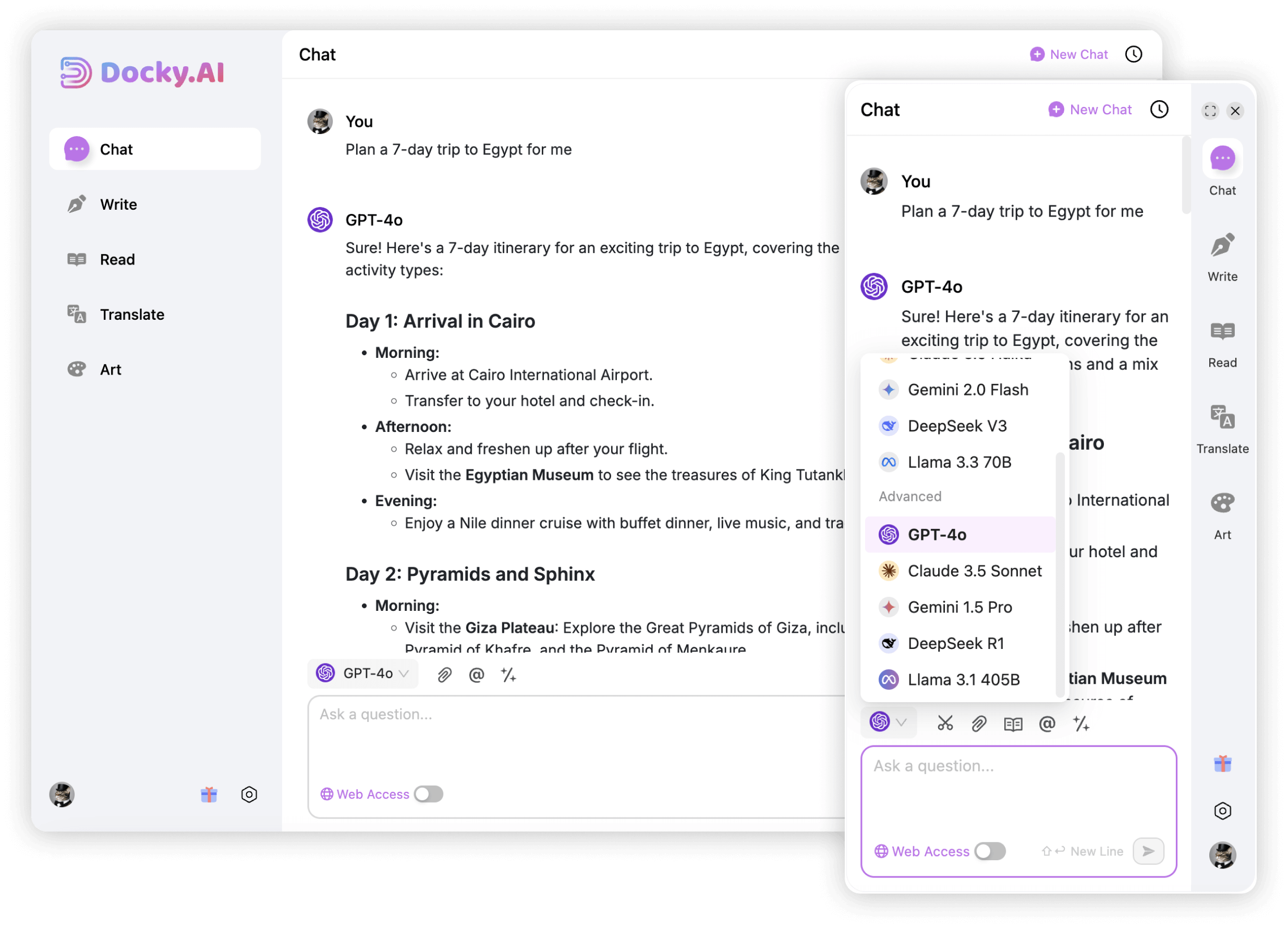 Docky AI sidebar shown on a browser tab